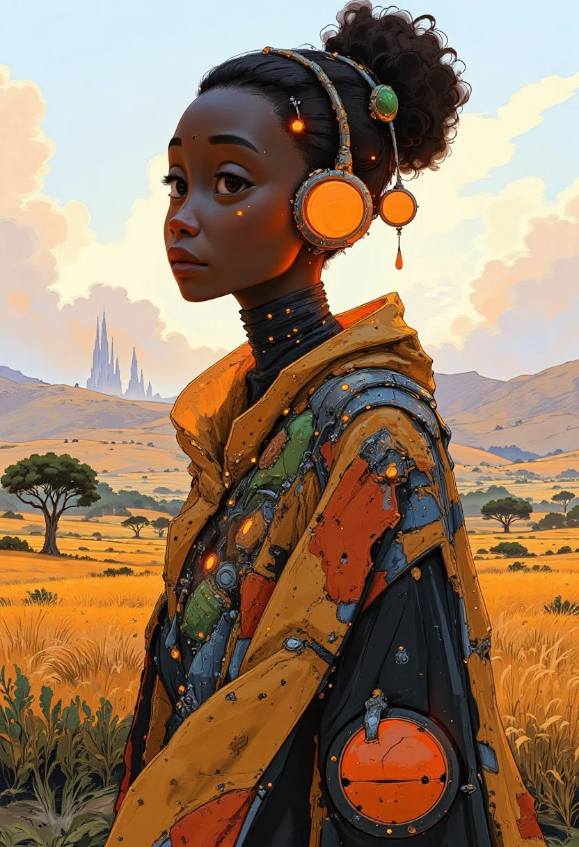 Portrait of an African woman looking at the viewer, in a futuristic shwe-swhe jumpsuit and multicoloured cloak, modern Moorish city on the horizon, plants, trees on the plain, distant monoliths, African tribal elements and jewellery, baobab trees, ambient lighting