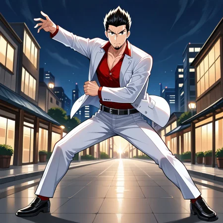 masterpiece, best quality, ultra-detailed, absurdres, newest, 1boy, solo, Kazryu, black eyes, goatee, black hair, short hair, facial hair, red shirt, formal, collared shirt, suit, open clothes, white pants, white jacket, belt, ryukifinalvent, dynamic pose, legs apart, looking at viewer, parted lips, serious, outdoors, city, night, disctrict, full body