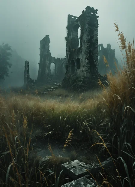 a gloomy landscape with ruins visible through the (tall gray grass:1.3), fog, bottom view, <lora:The_Dark_Side_of_the_Earth:0.8>  <lora:MJ52:0.6>
