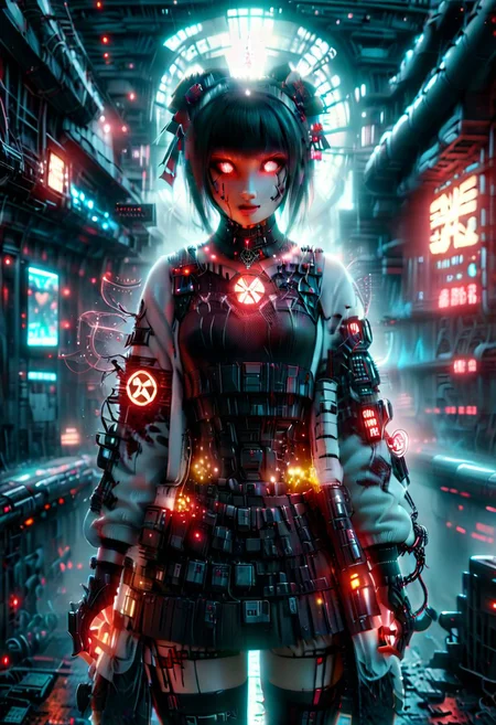 3d movie poster, cyberpunk cafe, young woman, rin tohsaka cosplay, detailed beautiful face, fingerless gloves, coat over sweater, red|black, (glowing hair buns, hair ornament), vantablack skirt, thighhighs, science fiction