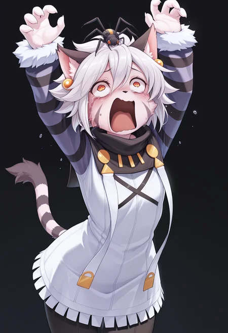 masterpiece, best quality, amazing quality, elh, 1girl, solo, cowboy shot, furry female, cat ears, red eyes, orange eyes, short hair, white hair, shiny hair, facial mark, animal nose, body fur, striped tail, elhattire, earrings, fur trim, striped sleeves, black pants, aquascreaming, screaming, open mouth, crying with eyes open, (upturned eyes:1.2), arms up, claws, spider, bug, spider on head, simple background