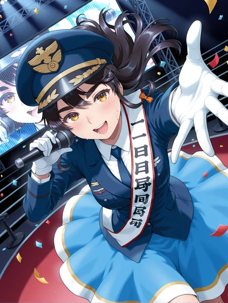 masterpiece,best quality,newest,1girl,solo,
<lora:mao2_ilxl_v1.2:1>,mao2,m_hat,holding microphone,m_clothes,white gloves,blue skirt,blue jacket,
<lora:Fixhands_anime_bdsqlsz_V1:1>,dynamic_angle,cinematic_angle,naughty_face,on stage,spotlight,reaching towards viewer,sparkling sweat,floating hair,singing,dancing,looking ahead,giant screen,
confetti,portrait,