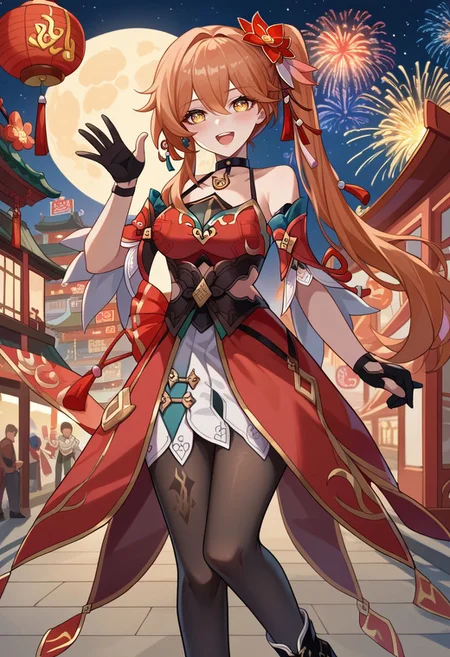 score_9, score_8_up, score_7_up, source_anime, 1girl, guinaifendef, yellow eyes, orange hair, long hair, hair between eyes, side ponytail, hair ornament, hair flower, black choker, bare shoulders, detached sleeves, red dress, chinese clothes, black gloves, black pantyhose, black footwear, high heels, boots, standing, waving, open mouth, smile, blush, looking at viewer, outdoors, chinese town, fireworks, chinese new year, night, starry sky, moon, facing viewer, <lora:Guinaifen_v1-000010:1>