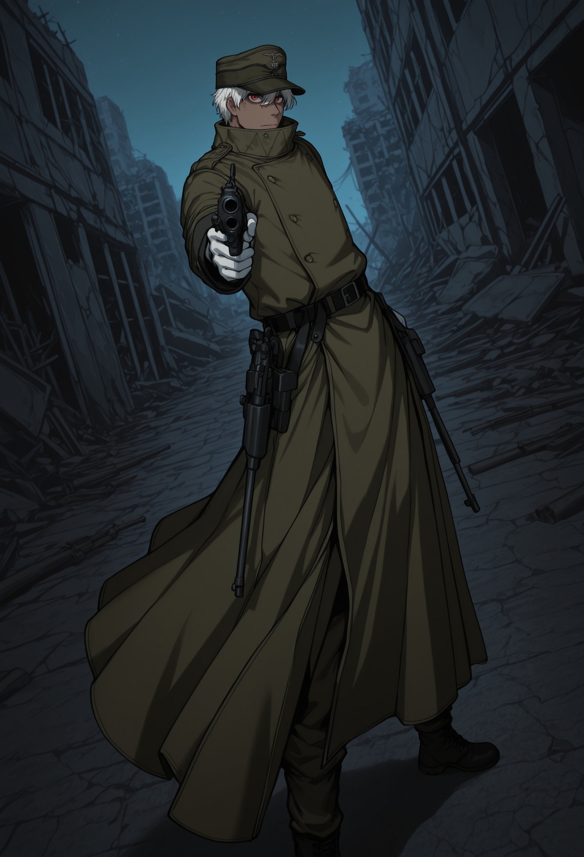 masterpiece, best quality, amazing quality, very aesthetic, CPTHS, 1boy, solo, male focus, white hair, short hair, dark skin, red eyes, green peaked cap, green long coat, white gloves, black belt, holster, black combat boots, holding gun, mauser c96, very long barrel, aiming at viewer, standing, looking at viewer, perspective, dutch angle, foreshortening, outdoors, ruins, night, from side