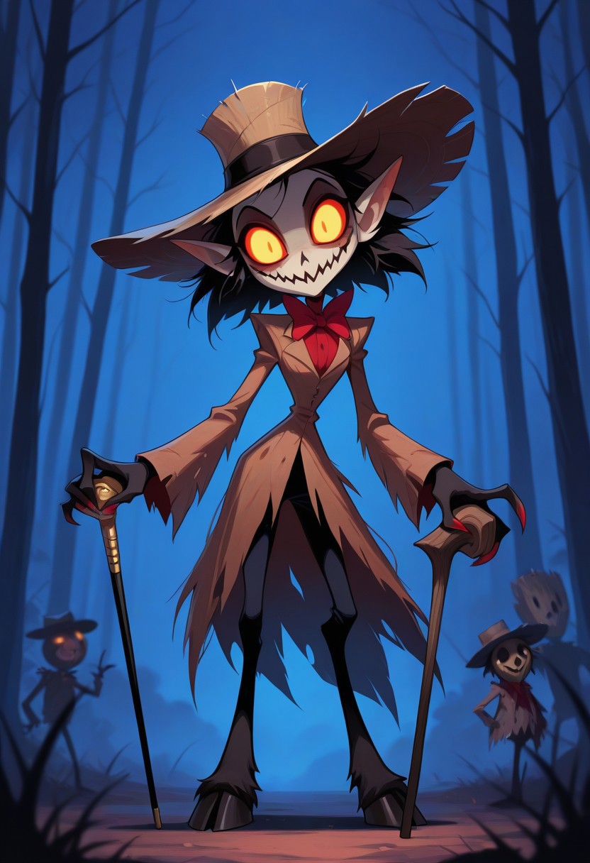 scarecrow, pointy ears, wooden mask, glowing eyes, messy hair, claws, hooves, wide-brim hat, looking at viewer, head tilt, holding cane, outdoors, night, fog, cane, deformed, toon \(style\), masterpiece, best quality, amazing quality, 4K resolution, absurdres, ultra-detailed, sharp details, natural light, medium contrast, crisp edges, sharp focus, depth of field,, HB-Illu