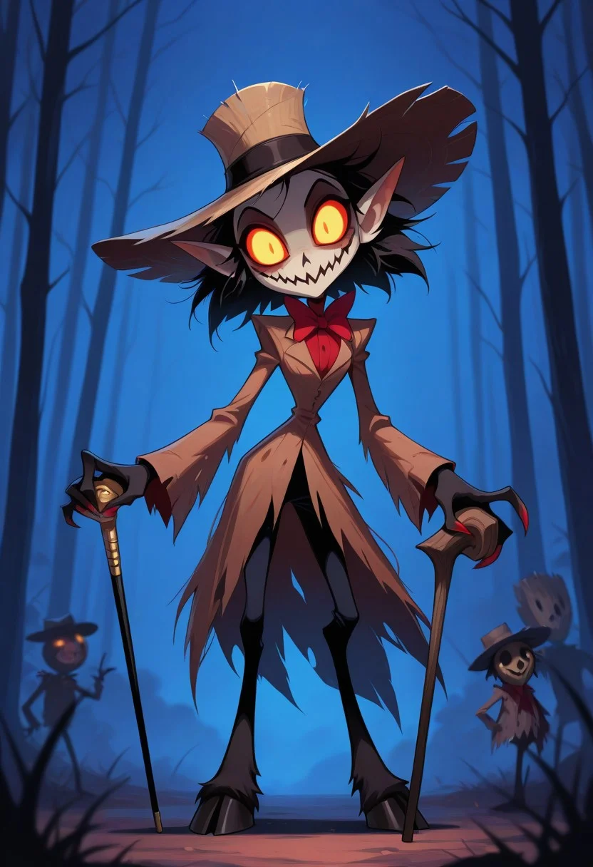 scarecrow, pointy ears, wooden mask, glowing eyes, messy hair, claws, hooves, wide-brim hat, looking at viewer, head tilt, holding cane, outdoors, night, fog, cane, deformed, toon \(style\), masterpiece, best quality, amazing quality, 4K resolution, absurdres, ultra-detailed, sharp details, natural light, medium contrast, crisp edges, sharp focus, depth of field,, HB-Illu