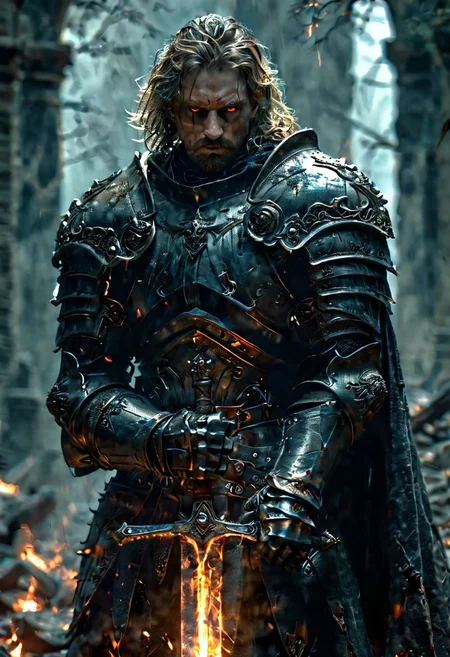 A stunning dynamic pose, highly detailed dark fantasy full body illustration of a powerful paladin, young adult, white medium hair, no beard, grey eyes, he walks in a stone bridge, black metal intricate heavy armor highly detailed, HKStyle armor, no helmet, face showing, battle scared armor, photorealist, black tattered cape on back, very wide shoulders, wearing big gauntlets, (dark aura around body:1.8), epic composition. The warrior stands heroic during a dark night with foggy gloom, thunder in the background . The scene depicts him with brooding emotional angry , style by Greg Rutkowski, by Milo Manara and Russ Mills, with insanely intricate details and textures, gloomy dramatic lighting, 8K resolution, photorealistic, cinematic