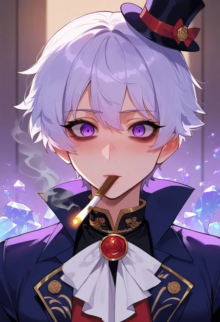 score_9, score_8_up, score_7_up, score_6_up, one anime style,1 boy, 20 year old, attractive, masterpiece, best quality, short white hair, purple tux with top hat, clear purple eyes, high detailed eyes, ice shards, purple glow, misty, smoking coming from mouth, dead eyes