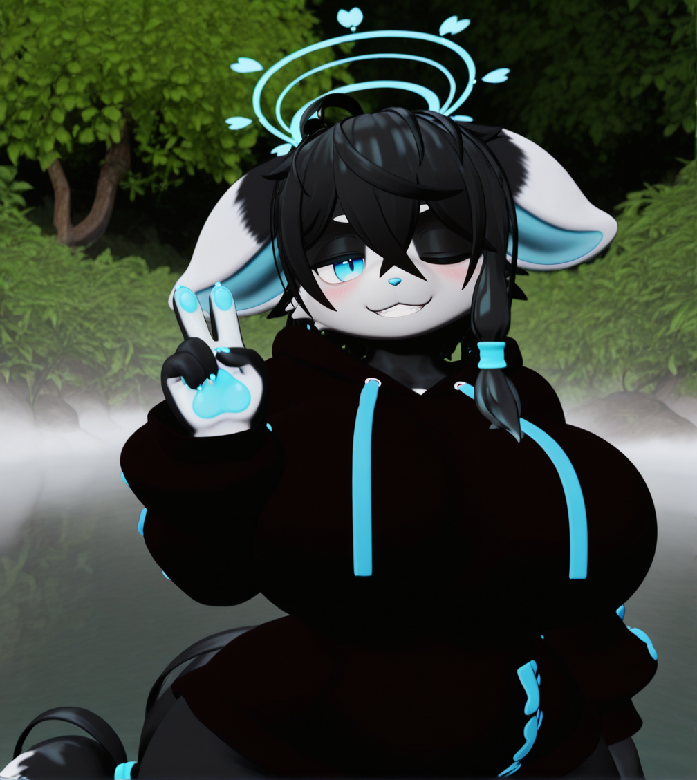 1girl, wild hips, huge breasts, blush, looking at viewer, magic, one eye closed, smile, solo, teeth, upper body, peace sign, swamp, water, tree, moss, fog, vine,
Lexi Floof(IlexisTheMadcat),
furry fmeale,
body fur,white fur, black fur,tow-tone fur,
blue halo,
black hair,short hair,ahoge,messy hair,
blue eyes,
hair between eyes,side braid,hair tie,blue hair tie,
animal ears,droopy ears,
animal nose,
snout,
black hoodie,
paw print,drawstring,x (symbol),
tail,tail ornament,two-tone tail,black tail,white tail,
animal hands,animal feet,
pawpads,claws,blue pawpads,
intricate details,detailed background, 3D,
<lora:noobaiXLNAIXL_epsilonPred11Version-lora:0.1> <lora:anatomy_helper:1> <lora:BallsDeep-IL-V2.2-S-NoMask-WithCloseups:1> <lora:Curve slider IXL2_alpha16.0_rank32_full_last:3> <lora:Lexi_FloofIlexisTheMadcat.2:1>