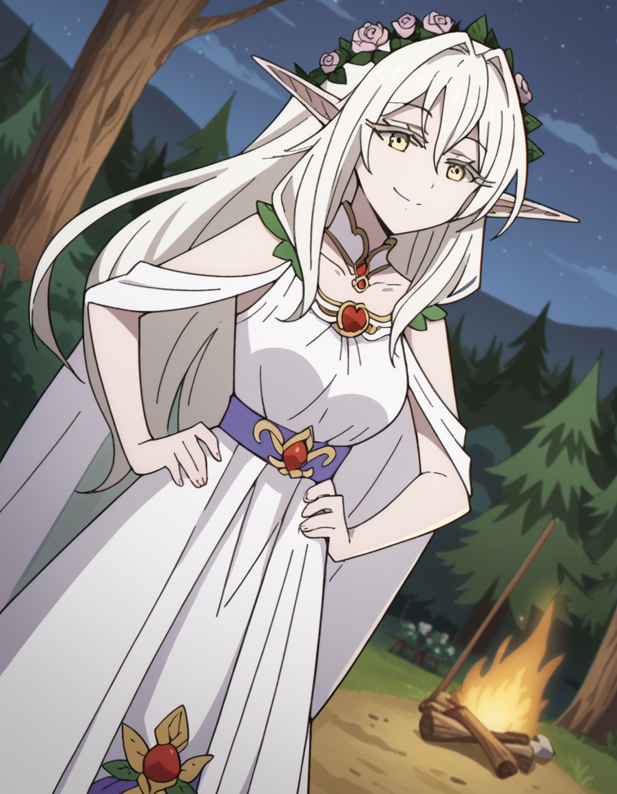 score_9, score_8_up, score_7_up, source_anime, <lora:forest-princess-s2-ponyxl-lora-nochekaiser:1>, forest princess, long hair, hair ornament, hair between eyes, yellow eyes, white hair, flowers, pointy ears, hair flower, rose, hair intakes, elf, medium breasts,, dress, collarbone, white dress,, camping, bonfire, tent, stargazing, marshmallows, forest clearing, night, smile, , smug, hands on hips,, solo,, cowboy shot, dutch angle
