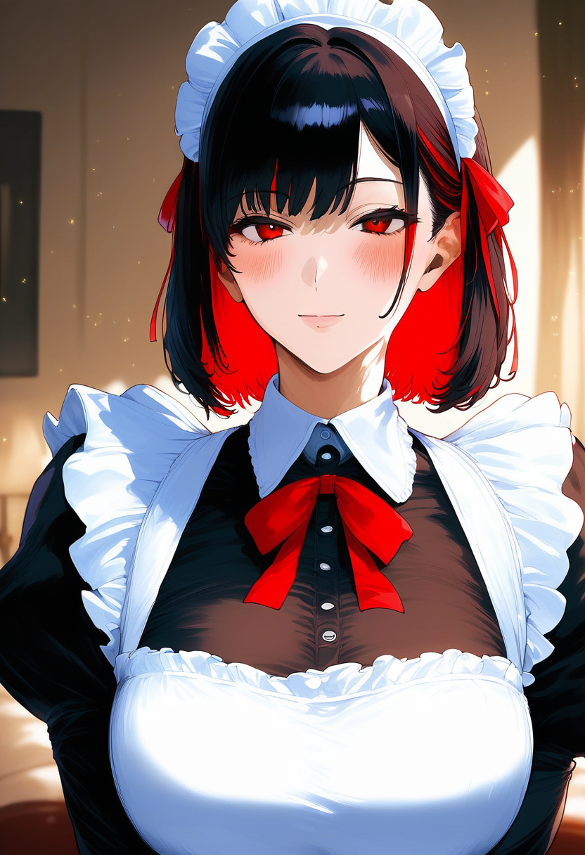 score_9, score_8_up, score_7_up, score_6_up, source_anime, <lora:GAI S1 0.1v:1>,
1girl, solo, long hair, mature female, milf, red eyes, maid, maid headdress, apron, black hair, red ribbon, ribbon, looking at viewer, upper body, colored inner hair, red hair, multicolored hair, long sleeves, closed mouth, short hair, puffy sleeves, bangs, dress, maid apron, blush, neck ribbon, black dress, juliet sleeves, white apron, two-tone hair, collared dress, hair ribbon, frills, bob cut, light particles, frilled apron, blurry