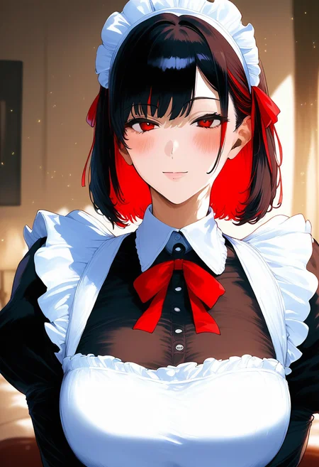 score_9, score_8_up, score_7_up, score_6_up, source_anime, <lora:GAI S1 0.1v:1>,
1girl, solo, long hair, mature female, milf, red eyes, maid, maid headdress, apron, black hair, red ribbon, ribbon, looking at viewer, upper body, colored inner hair, red hair, multicolored hair, long sleeves, closed mouth, short hair, puffy sleeves, bangs, dress, maid apron, blush, neck ribbon, black dress, juliet sleeves, white apron, two-tone hair, collared dress, hair ribbon, frills, bob cut, light particles, frilled apron, blurry