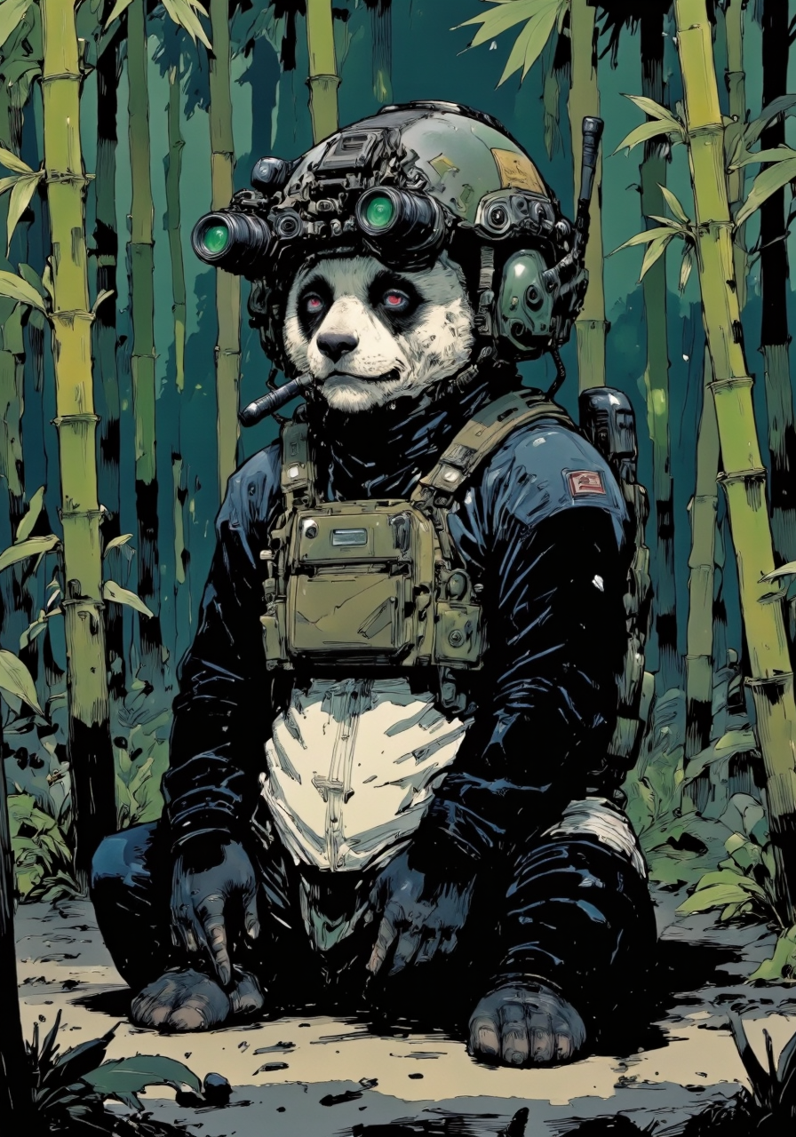 n0ds featuring a protective headpiece equipped with a dual-tube optical device. , A panda bear sitting peacefully in a bamboo forest, wearing a panda-sized modern military helmet. The helmet is matte black with green accents, fitting snugly over the panda's round head. The helmet features two night vision gogglesâshort black tubes with glowing green lensesâthat are flipped down over the panda's gentle eyes, giving it an oddly futuristic look. The green glow from the goggles contrasts with the panda's black and white fur, adding an unexpected twist to the serene scene. The helmet also includes a small communication device, with wires running discreetly along the sides of the helmet. The panda chews on a bamboo shoot, its relaxed posture unchanged, the green glow from the goggles blending the tranquil natural setting with a touch of high-tech intrigue., at night,, Colored JJK Manga Style, (Mangaka style:0.5)<lora:n0ds_epoch_23.safetensors:1.0:1.0> <lora:Jujutsu_Kasien_Colored_Manga-000001.safetensors:1:1> <lora:Mangaka V2.safetensors:0.5:0.5>