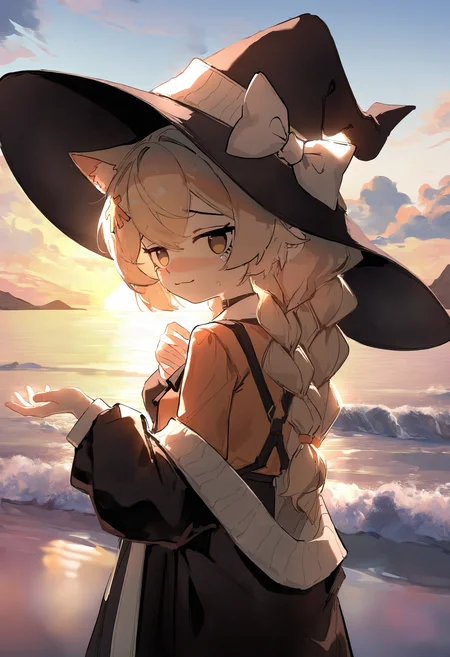 benzimofashi,1girl,braid,witch hat,blonde hair,cat ears,bow,hair ornament,off shoulder,twin braids,yellow eyes,brown eyes,orange shirt,black jacket,open jacket,bowtie,sleeves past,white ribbon on hat,white bow,black_dress,
cowboy shot,
facing away,
looking back,looking at viewer,tears,light smile,sunset,hand up,wave hands,outstretched arm,
(artist:tira 27:0.7),( artist:daylightallure:0.6),( artist:sasakure \(mogunonbi\):0.6),artist:taro-k,
newest,absurdres,highres,masterpiece,best quality,year 2024,
<lora:benzimofashi_Noob10:1>,