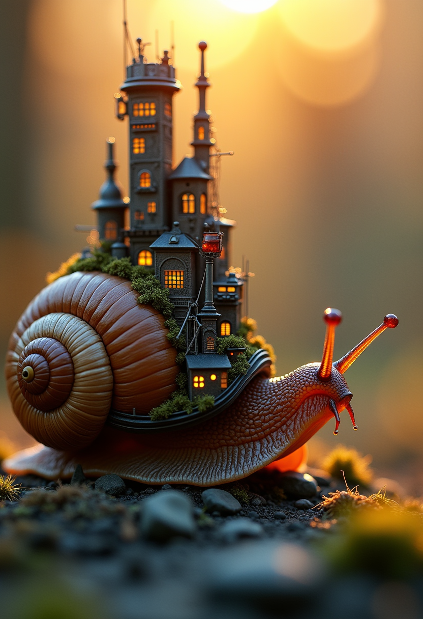 macro photography of a miniature little cyberpunk city on top of a steampunk snail, golden hour lighting, rim lighting