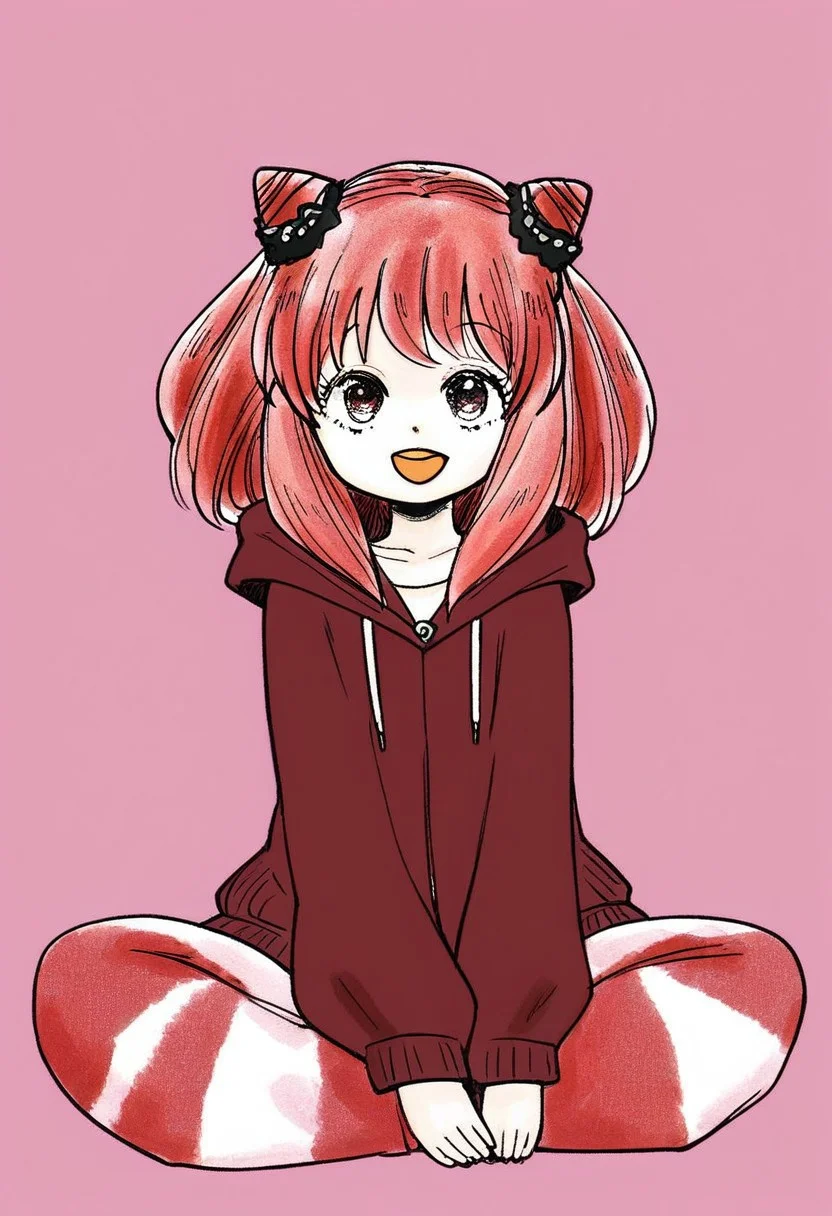 best quality,masterpiece:1.9, highres:1.9, score_9, score_8_up, score_7_up:1), 1girl,solo,newest,rating: general, looking at viewer , <lora:Anya_XL-step00001800:0.8> ,(braid around bun head afro twintails, Crimson hair, Crimson eyes, female child, anya (spy x family,hairpods),child, Crimson striped cardigan hoodie), pants, close-up:1.9, Neptune, Laughing, closing eyes, sitting with legs crossed, [[[High Contrast:1.9]]], ng_deepnegative_v1_75t, OverallDetail, EyeDetail, portrait, doodle style