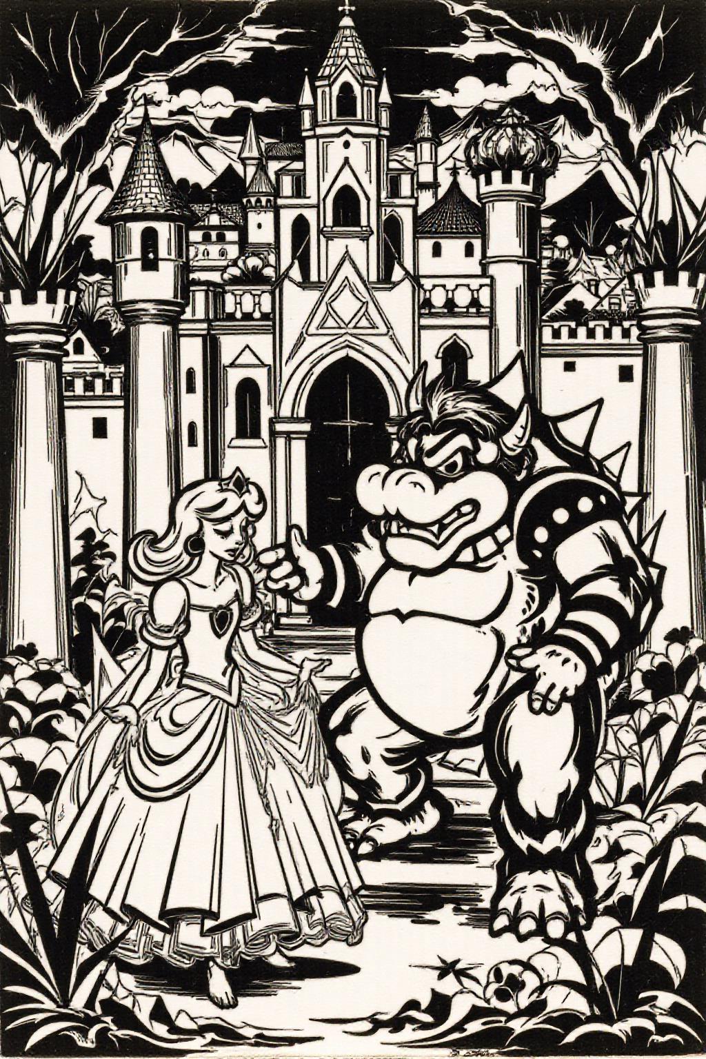 k1ooster black and white drawing of Princess Peach and Bowser in a horror castle <lora:Flux-Sch-SingleBlocks-BF16:1.0> <lora:Klooster.Noborder.5Cos.D8A4.R20E10:1.0><lora:796086641161901078:0>