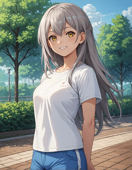 score_9, score_8_up, source_anime, 1girl, upper body, medium shot, detailed, mgrckurehayuna, grey hair, long hair, yellow eyes, white t-shirt, blue shorts, dynamic pose, hands behind back, outdoors, park, smiling, (side view:0.6), <lora:mgrckurehayuna_XL:0.9>