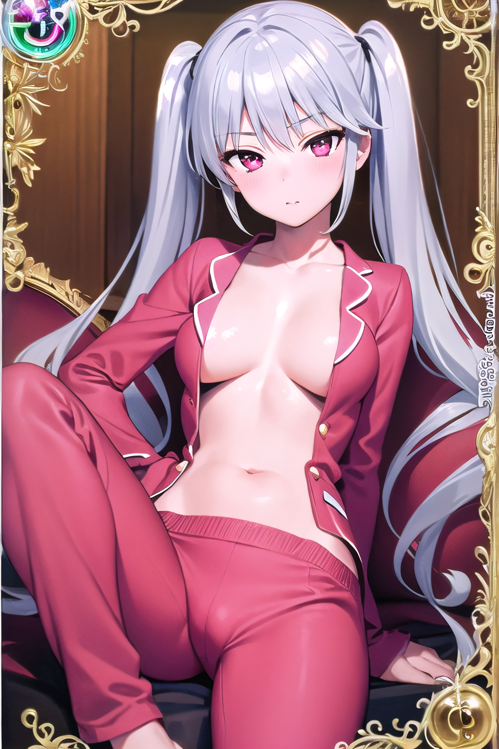 masterpiece, best quality, ultra-detailed, 1girl, pajamas, no bra, kazami kazuki, silver hair, twintails, purple eyes, medium breasts