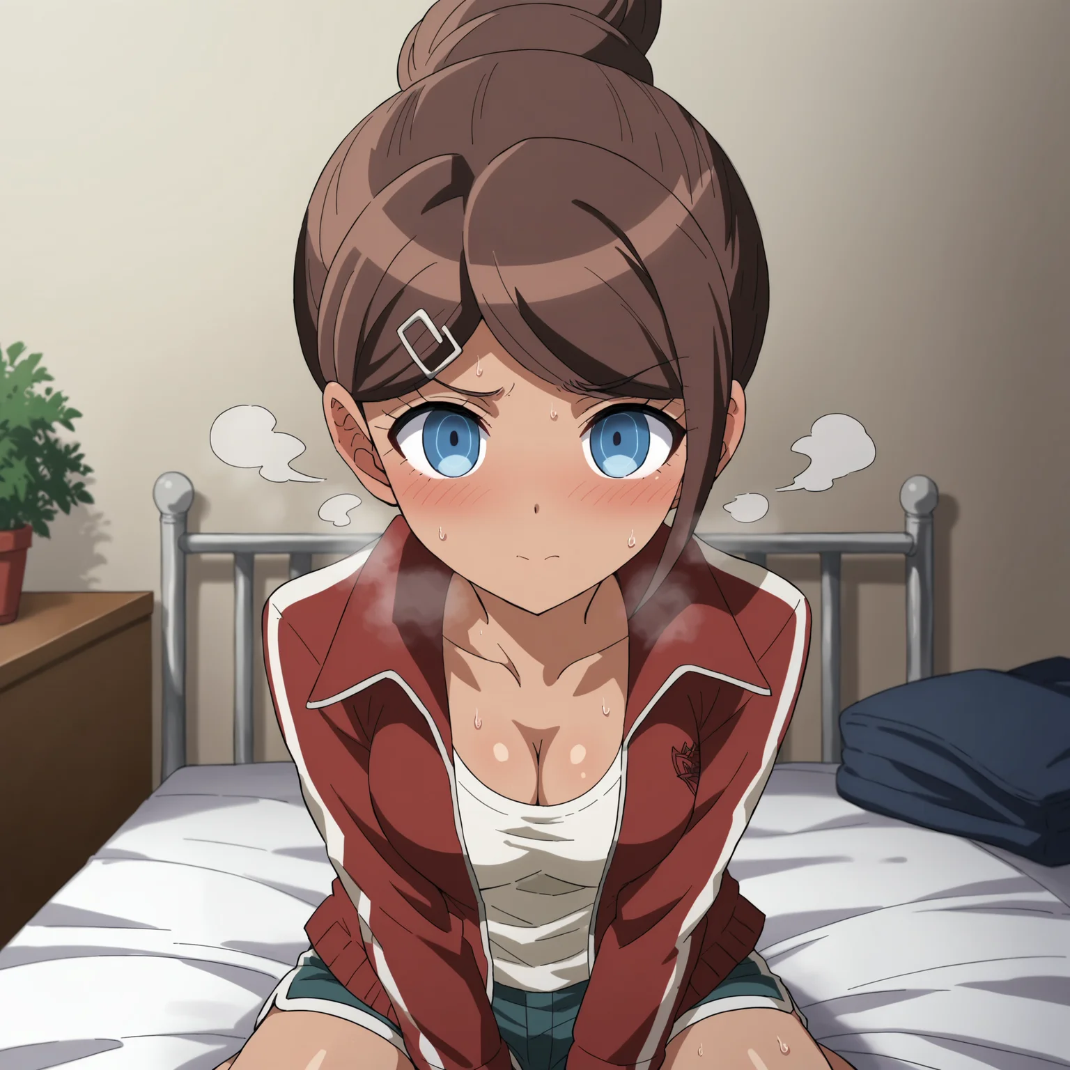 score_9, score_8_up, score_7_up, score_6_up, score_5_up, score_4_up, BREAK source_anime,POV,on bed,sitting(blush,steam,sweat:1.3), <lora:Asahina_Aoi_Anime_V2:1>asahina aoi, danganronpa, ponytail, blue eyes, tan, hairclip,red jacket, red tracksuit, long sleeves, white tank top, short shorts, blue shorts, cleavage