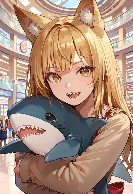 score_9, score_8_up, score_7_up, source_anime, fox girl, cute face, blonde long hair, tail, red bow in hair, solo, portrait, mall, crowd, open mouth, looking at viewer, open mouth, sharp teeth, presenting shark, hugging, shark, stuffed shark, detailed background, detailed eyes