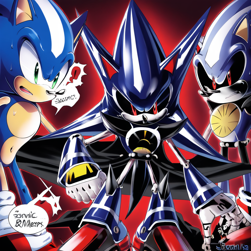 sleek design. He has a menacing, anthropomorphic robot character, with a sleek, giving it a menacing expression., circular sensor on the forehead.  The character's eyes are glowing red, The image is a digital drawing in a cartoon style featuring two characters from the Sonic the Hedgehog series. On the left is Sonic, futuristic version of Sonic, anthropomorphic character, angular helmet. The helmet features a distinctive