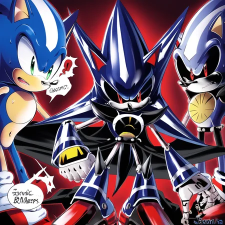 sleek design. He has a menacing, anthropomorphic robot character, with a sleek, giving it a menacing expression., circular sensor on the forehead. The character's eyes are glowing red, The image is a digital drawing in a cartoon style featuring two characters from the Sonic the Hedgehog series. On the left is Sonic, futuristic version of Sonic, anthropomorphic character, angular helmet. The helmet features a distinctive