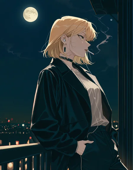 masterpiece, best quality, newest, highres, absurdres, <lora:bl4ckb0x_illu:1>, bl4ckb0x_style,1girl, solo, smoking, cigarette, jacket, moon, jewelry, earrings, smoke, black jacket, choker, shirt, pants, hands in pockets, night, earphones, from side, full moon, blonde hair, medium hair