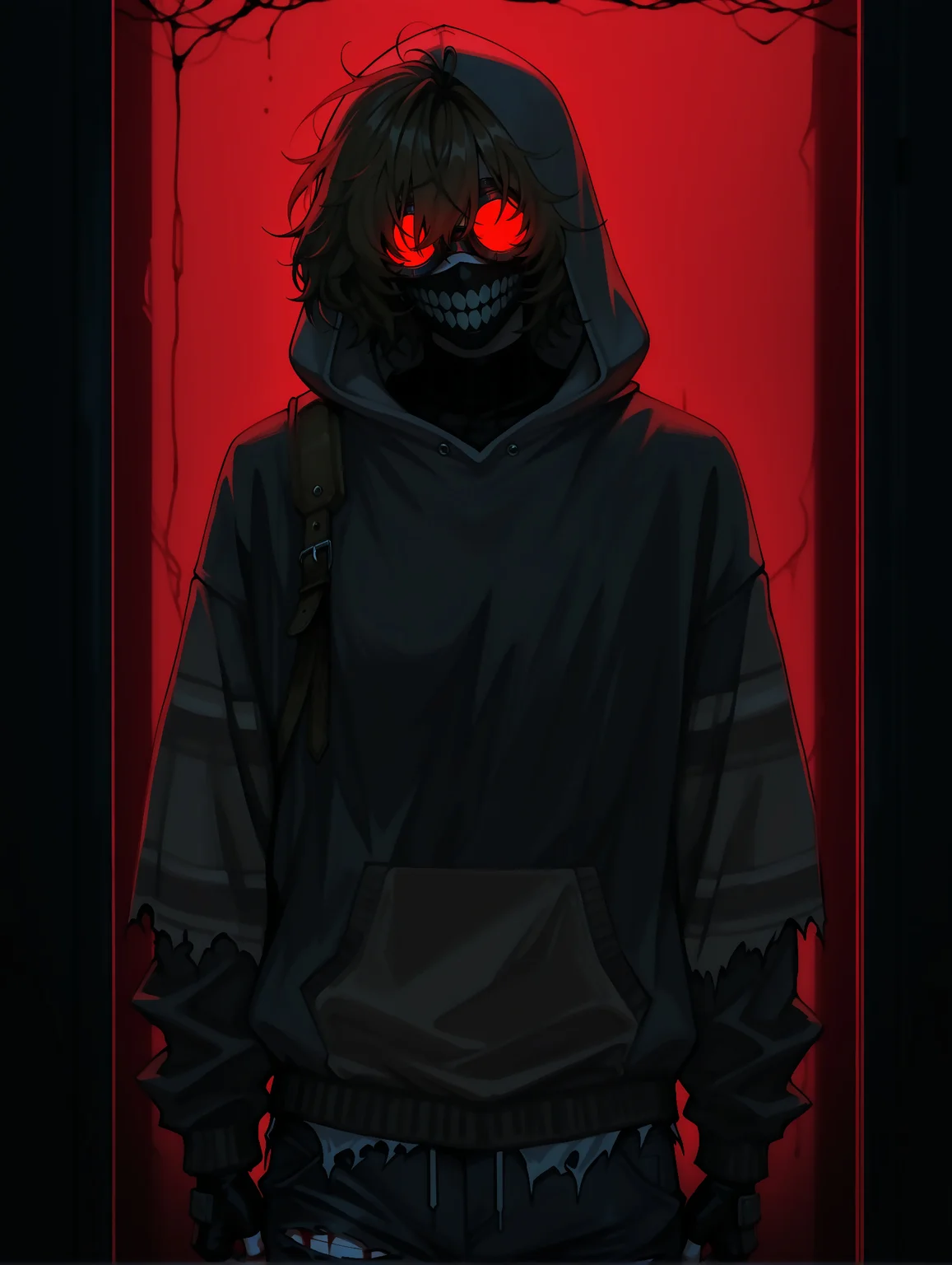 masterpiece, very aesthetic, best quality, hiper-detailed, intricate details, dynamic light, dramatic light, rich colors, dark, darkness, night, solo, cowboy shot, imtdticitoby, 1boy, male, brown hair, striped, hood, hoodie, gloves, pants, black gloves, covered mouth, short hair, blood, mask, mouth mask, messy hair, fingerless gloves, sweater, long sleeves, hood up, torn clothes, goggles, covered eyes, dark background, red light, detailed background, dark room, nightmare room, nightmare background