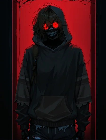 masterpiece, very aesthetic, best quality, hiper-detailed, intricate details, dynamic light, dramatic light, rich colors, dark, darkness, night, solo, cowboy shot, imtdticitoby, 1boy, male, brown hair, striped, hood, hoodie, gloves, pants, black gloves, covered mouth, short hair, blood, mask, mouth mask, messy hair, fingerless gloves, sweater, long sleeves, hood up, torn clothes, goggles, covered eyes, dark background, red light, detailed background, dark room, nightmare room, nightmare background