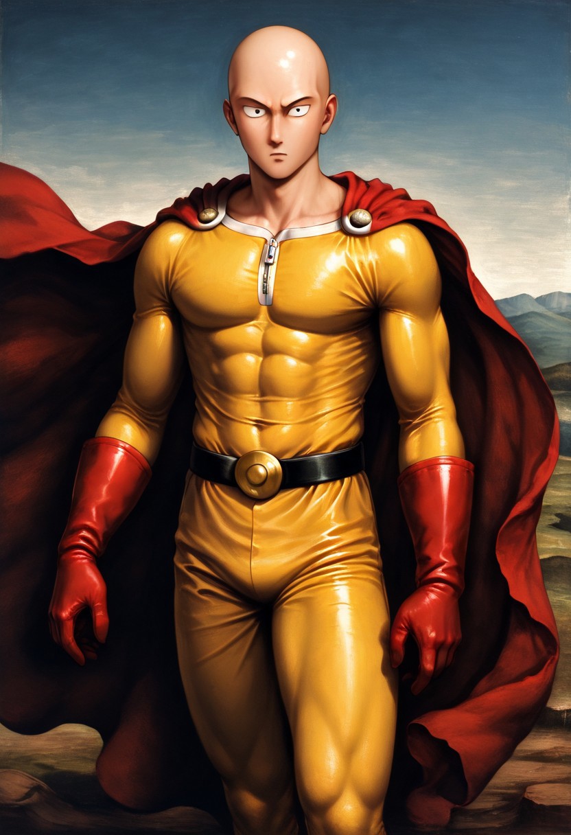 masterpiece, best quality, newest, absurdres, highres, 
ROPV1.0, fine art, fine art. parody, oil painting, traditional media,
1boy, saitama_(one-punch_man), bald, bodysuit, yellow bodysuit, red cape,