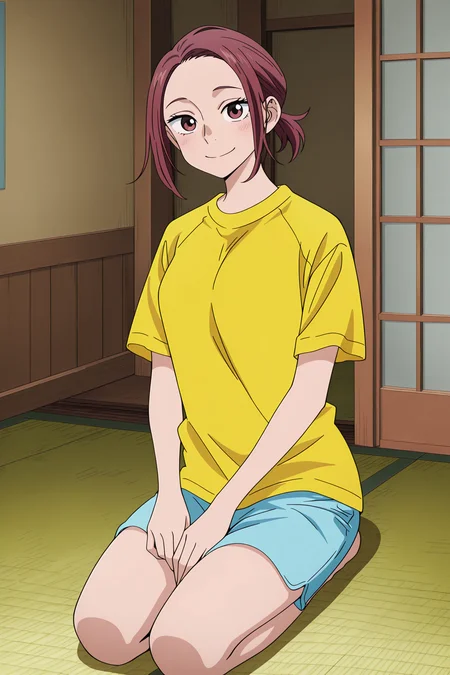 anime screencap, anime coloring, detailed face, masterpiece, best quality, very aesthetic, absurdres, volumetric lighting, official style, amazing quality, ultra detailed, highres, amazing quality, scenery, beautiful detailed hair, beautiful detailed eyes,
<lora:StS-Illustrious-Detail-Slider-v1.0:4>
<lora:Miku_The_Way_of_the_Househusband:1>
in a house,
Outfit 2 (Yellow T-Shirt), Miku (character), 1girl, shorts, tatami, shirt, yellow shirt, indoors, brown hair, kneeling, short hair, short sleeves, solo, t-shirt, seiza, ponytail, red hair, looking at the viewer, cute smile