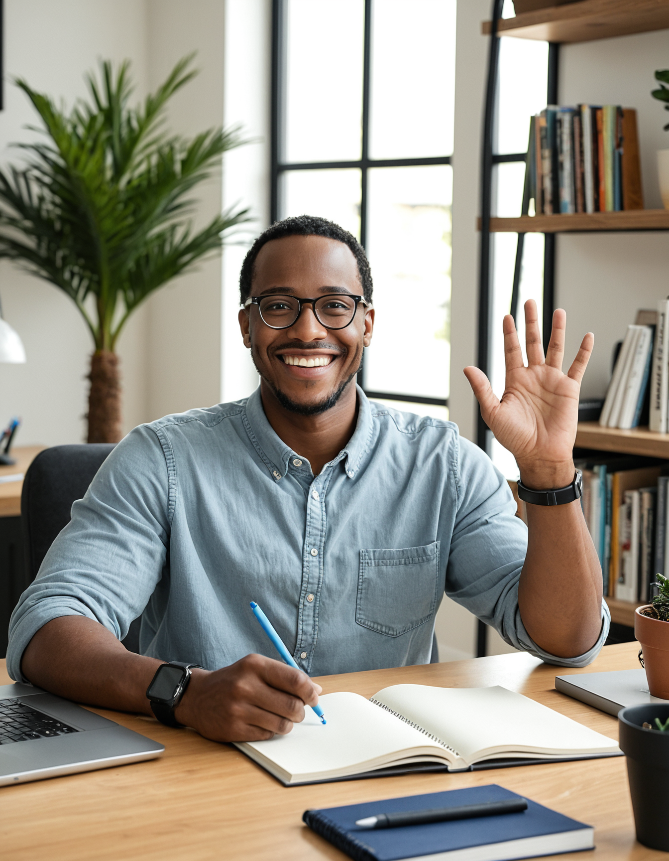 African American male, smiling, waving, eyeglasses, casual clothing, sitting at desk, laptop, home office, indoor, daylight, notebook, writing utensil, modern decor, house plants, bookshelf, natural lighting, cheerful expression, smartwatch, comfortable environment, clear focus, medium shot.