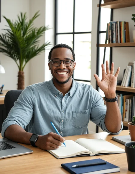 African American male, smiling, waving, eyeglasses, casual clothing, sitting at desk, laptop, home office, indoor, daylight, notebook, writing utensil, modern decor, house plants, bookshelf, natural lighting, cheerful expression, smartwatch, comfortable environment, clear focus, medium shot.