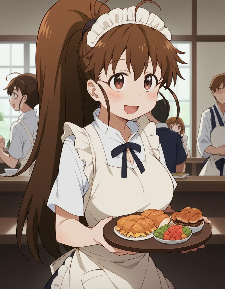 score_9, score_8_up, score_7_up, source_anime, <lora:popura-taneshima-s2-ponyxl-lora-nochekaiser:1>, popura taneshima, long hair, brown hair, brown eyes, ponytail, ahoge, large breasts,, <lora:wa-maid-ponyxl-lora-nochekaiser:1>, wa maid, maid, maid headdress, apron, white apron, frilled apron, maid apron, kimono, japanese clothes, frilled kimono, holding tray, tray, food,, indoors, restaurant, smile, blush, open mouth,,