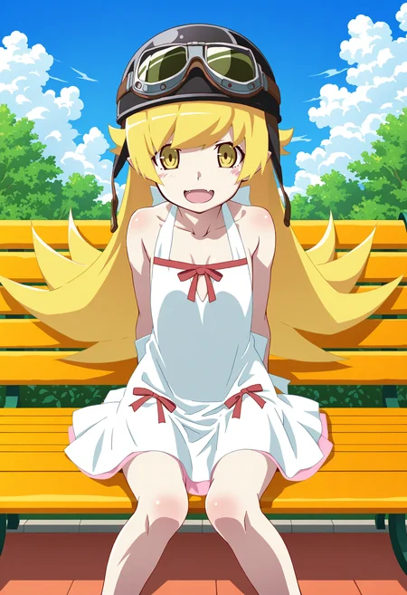 1girl, solo, looking at viewer, park bench, outdoors, sitting, smile, cowboy shot, oshino shinobu, open mouth, long blonde hair,
dress, bare shoulders, yellow eyes, fang, black helmet, goggles on helmet,
BREAK outdoors, park bench, sky, day, cloud, <lora:oshino_shinobu_IL1.1:1>oshino_shinobu