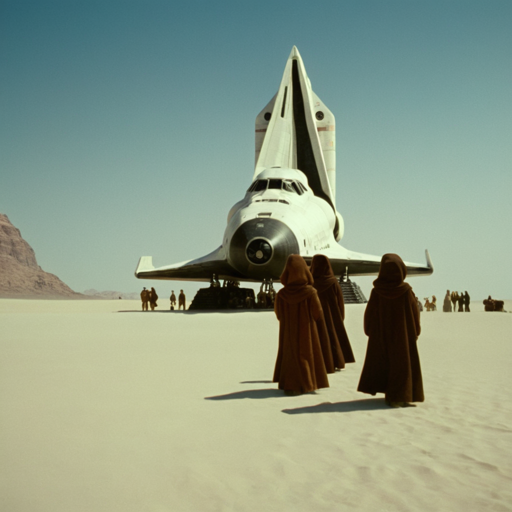 cinematic film still of  <lora:star wars style:0.3>
<lora:detailed:0.4> detailed
<lora:perfection style:0.4> perfect
<lora:PerfectEyesXL:0.3>
 <lora:Jawa:1>
Jawa  a painting of a desert with people standing around in front of a giant space shuttle on groun,in star wars universe,multiple girls,outdoors,multiple boys,sky,scenery,science fiction,mountain,watercraft,desert, shallow depth of field, vignette, highly detailed, high budget, bokeh, cinemascope, moody, epic, gorgeous, film grain, grainy