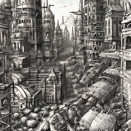 A city full with iron buildings, iron humans, and iron animals.