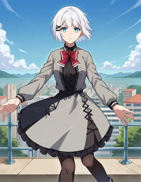 score_9, score_8_up, score_7_up, source_anime,
siesta, <lora:siesta-ponyxl-lora-nochekaiser:1>,
siesta, short hair, bangs, blue eyes, hair ornament, white hair, hairclip,
dress, bow, bowtie, red bow, red bowtie, shirt, long sleeves, jacket, pantyhose, frills, shoes, grey jacket, open clothes, black shirt,
outdoors, cityscape,
looking at viewer, cowboy shot, dynamic pose,