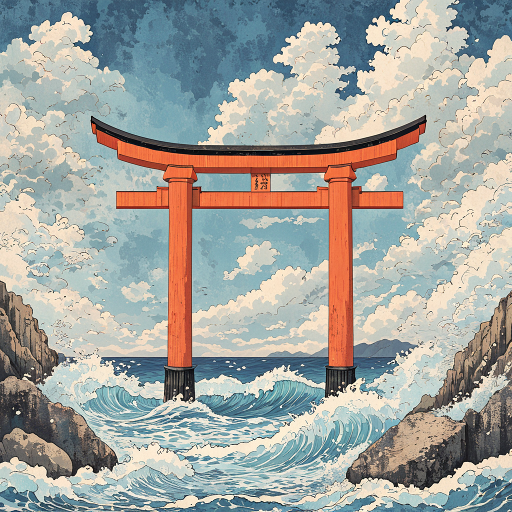 <lora:Modern_Ukiyo-e_illustrationSDXL:1>  Modern Ukiyo-e illustration, The image shows a Japanese torii gate in the ocean surrounded by rocks and a sky with clouds in the background., torii, cloud, sky, no humans, outdoors, ocean, waves, water, scenery, day