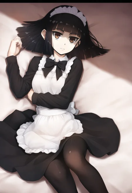 masterpiece, best quality, 1girl, solo, Abbey, black hair, bob cut, blunt bangs, brown eyes, maid headdress, white apron, black dress, black bowtie , black sleeves, black pantyhose, on back, bed, <lora:Abbey IXL 4-000013:1>