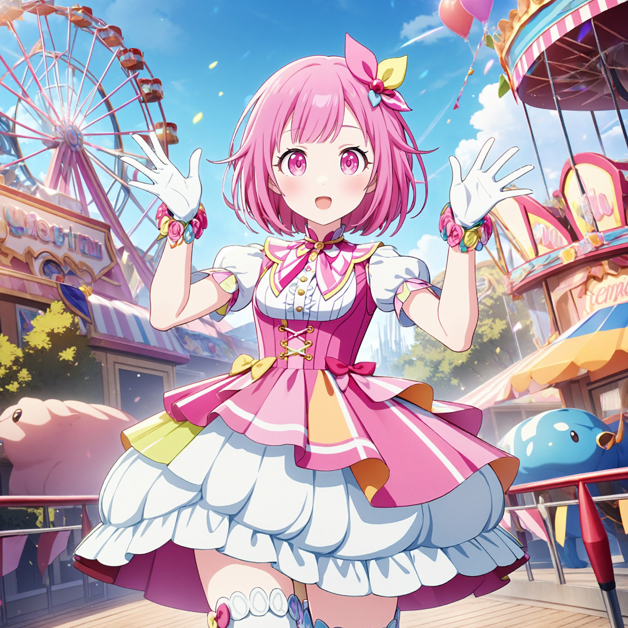 1girl, ootori emu, project sekai, masterpiece, very aesthetic, absurdres, official art,
brandnew emu, solo, pink short hair, pink eyes, 
looking at viewer, :O, hands up, outstretched fingers, view straight on, BREAK
asymmetrical skirt,  short sleeves, white gloves, puffy short sleeves, puffy sleeves, white thighhighs, frills, pink dress, corset, shirt, pink ribbon, white shirt, multicolored clothes, bracelet, zettai ryouiki, underbust, multicolored skirt, neck ribbon, bubble skirt, white skirt, frilled gloves, frilled dress, 
Amusement park, sttractions, theme parks, roller coaster, ferris wheel, fountain, outdoors, blue sky,
<lora:sdxl-ws-BNEmu03:0.8:lbw=0,0,0.2,0.2,0,0.4,0.4,0,0.8,0.8,0,0,0,0.8,0.8,0.6,0.8,0.0,0.0,0.0,0,0,0,0,0,0>