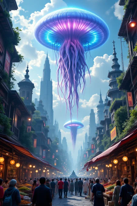 A hyperrealistic depiction of a bustling market in a floating city above the clouds. The city is built on a series of interconnected platforms, suspended by massive, bioluminescent jellyfish that drift through the sky. The market is filled with exotic goods from around the world, including rare spices, ancient artifacts, and futuristic technology. The scene is alive with the sights and sounds of the crowd, the merchants hawking their wares, and the gentle hum of the city's machinery.
