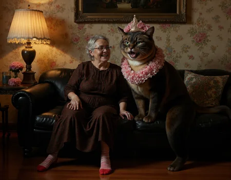 Rembrandt style <lora:funnys:1>, This photograph captures a heartwarming scene set in a cozy, vintage-style living room. In the foreground, an elderly woman with short, white hair and glasses is seated on a black leather armchair. She is dressed in a long, dark brown dress with a floral pattern and wears red and white striped socks. Her expression is joyful, and she is smiling broadly, exuding warmth and happiness., 
Seated next to her is a large, anthropomorphic gray Siamese cat, its sleek fur shimmering softly under the warm ambient light. The catâs striking blue eyes are wide with curiosity and mischief, while its slender yet muscular frame gives it an air of elegance and playfulness. Around its neck sits a whimsical floral crown made of pink and white flowers, adding a touch of charm to its otherwise regal demeanor. Its pose mimics that of the lion costume it replacesâsitting upright with an open-mouthed grin that conveys excitement and enthusiasm, as though caught mid-laugh or playful chatter., 
The background features a floral wallpaper with a muted color palette of soft pinks, greens, and browns, creating a nostalgic and inviting atmosphere. To the left of the woman, there is a small table with a lamp featuring a white, pleated lampshade, casting a warm, ambient light. On the table, there are two small vases with pink flowers, adding to the homey ambiance., 
The floor is wooden, with a polished finish, reflecting the soft glow of the lighting. Every surface in the room is rich in textureâfrom the intricate patterns of the floral wallpaper to the smooth leather of the armchair and the delicate petals of the flowers adorning both the table and the catâs crown., 
The overall lighting is soft and even, enhancing the cozy and intimate feel of the scene. The image is rich in texture and color, evoking a sense of nostalgia and familial warmth. The playful presence of the anthropomorphic Siamese cat adds a layer of whimsy and affection to the composition, making this moment feel timeless and deeply cherished. . Baroque, chiaroscuro, realistic, emotional, "flat lighting