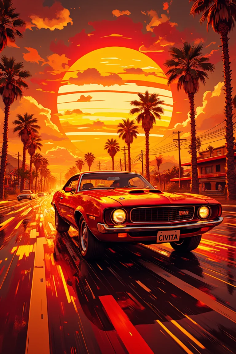 pinhole photography. Dutch angle cinematic shot of a cherry red muscle car from the 1970s cruising at speed onto a majestic reddish sunset. The road reflects the bright orangish glow of the sun on the drenched asphalt, and palm trees line its sides. Bright yellows and reds reflect on the car's body and highlight its fast moving silhouette. Pinkish clouds adorn the vast expanse of the horizon, creating depth and perspective in this energetic composition. The car's license plate has the text "CIVITAI".
