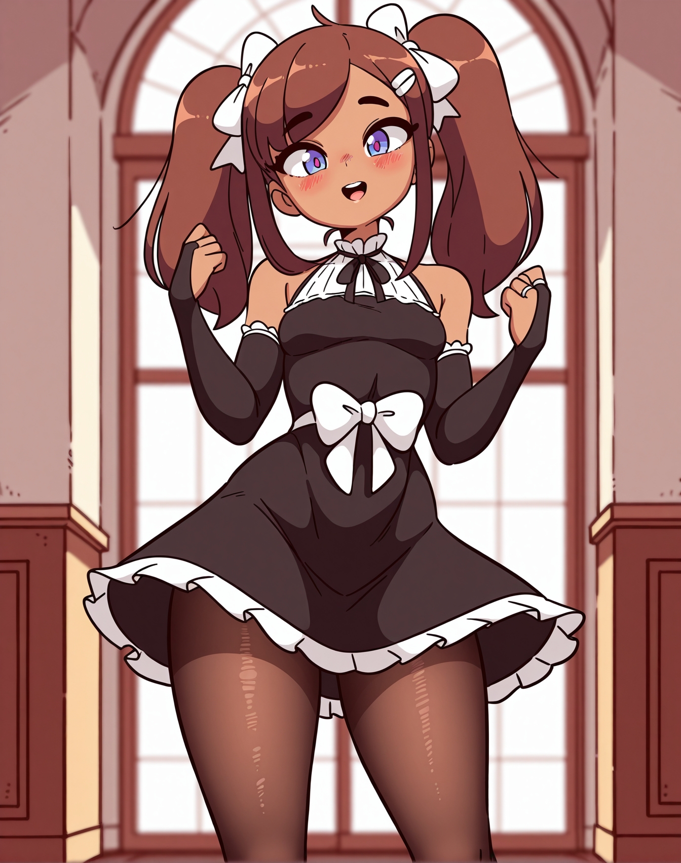 <lora:_diives_NAIXL-000020:1.1> art by diives, best quality, masterpiece, uncensored, source_anime, 1girl, twintails, solo, dress, pantyhose, long hair, jewelry, bridal gauntlets, black dress, ring, purple eyes, looking at viewer, bare shoulders, blush, ribbon, blurry, blurry background, detached sleeves, open mouth, hair ribbon, standing, brown hair, bow, dark-skinned female, black ribbon, bangs, hairclip, hair ornament, brown pantyhose, depth of field, sleeveless dress, hair bow, dark skin, sleeveless, neck ribbon, teeth, hands up, small breasts, smile, black pantyhose, :d, wedding ring, breasts, frills, indoors, frilled dress, upper teeth only, elbow gloves, blue eyes, gloves, head tilt, white bow, hand up, parted lips