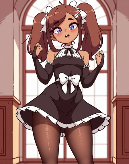 <lora:_diives_NAIXL-000020:1.1> art by diives, best quality, masterpiece, uncensored, source_anime, 1girl, twintails, solo, dress, pantyhose, long hair, jewelry, bridal gauntlets, black dress, ring, purple eyes, looking at viewer, bare shoulders, blush, ribbon, blurry, blurry background, detached sleeves, open mouth, hair ribbon, standing, brown hair, bow, dark-skinned female, black ribbon, bangs, hairclip, hair ornament, brown pantyhose, depth of field, sleeveless dress, hair bow, dark skin, sleeveless, neck ribbon, teeth, hands up, small breasts, smile, black pantyhose, :d, wedding ring, breasts, frills, indoors, frilled dress, upper teeth only, elbow gloves, blue eyes, gloves, head tilt, white bow, hand up, parted lips