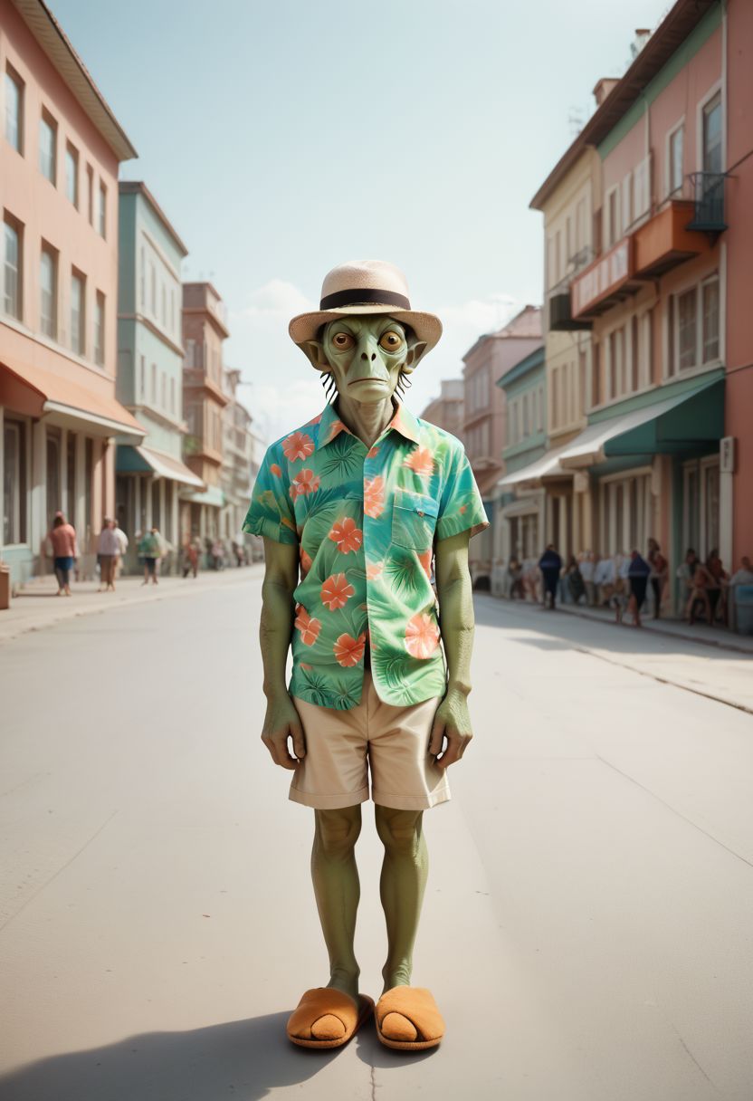 score_9,score_8_up,score_7_up, SurrealWorld, surreal, Wes Anderson style, green alien tourist in a city, hawaiian shirt, shorts, slippers, fedora