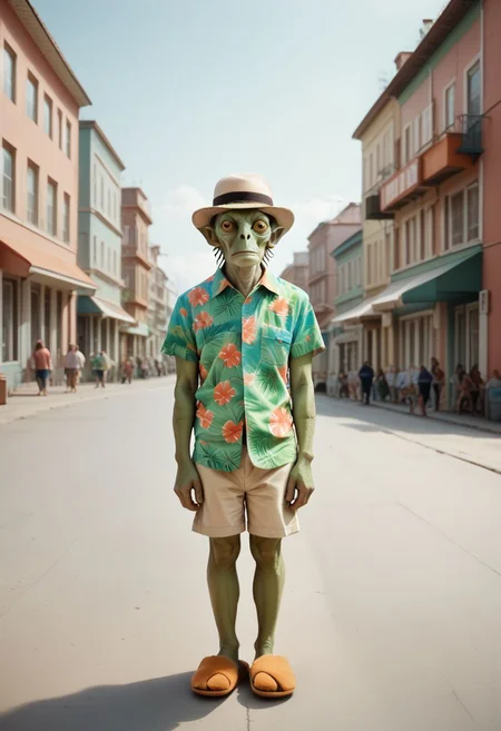score_9,score_8_up,score_7_up, SurrealWorld, surreal, Wes Anderson style, green alien tourist in a city, hawaiian shirt, shorts, slippers, fedora
