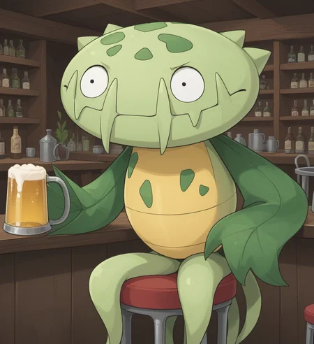 score_9, score_8_up, score_7_up, high res, absurd res, digital media (artwork), source_furry, solo focus, ambiguous gender, tavern background, <lora:lowres_concept_ponyXL_v1:-0.3> <lora:Carnivine_V2:0.9> carnivine, flora fauna, flesh fang, big head, big mouth, leaf arms, tendrils, noseless, green fangs, multicolored body, green spots, simple eyes, feral, closed mouth, closed frown, angry, sitting on stool, holding beer mug